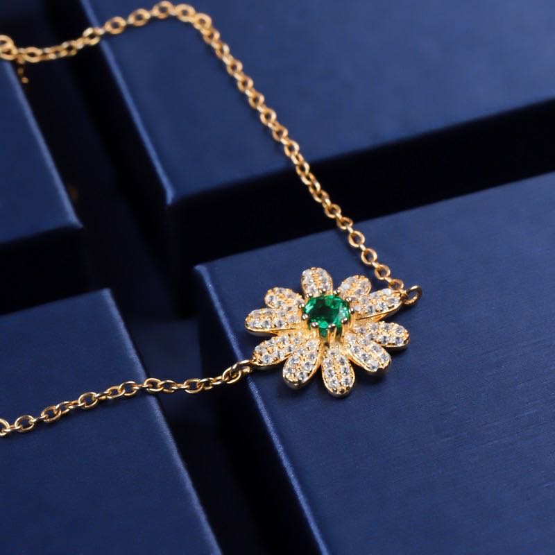 Women's Gold Full Stones Emerald Gem Flower Shape Bracelet