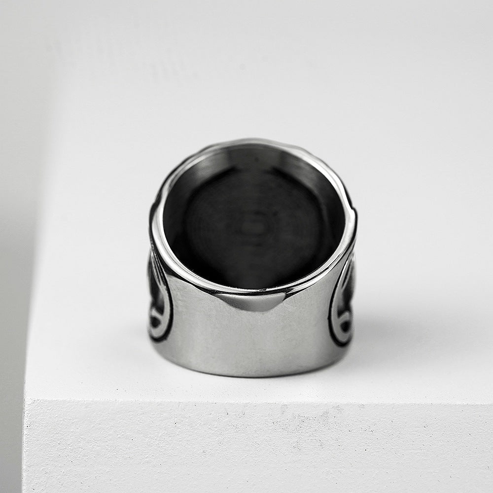 Vintage Antique Oxidized Solid Stainless Steel Norse Viking Aegishjalmur Helm of Awe Celtic Knot Wide Signet Band Ring for Men