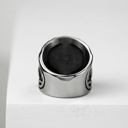 Vintage Antique Oxidized Solid Stainless Steel Norse Viking Aegishjalmur Helm of Awe Celtic Knot Wide Signet Band Ring for Men