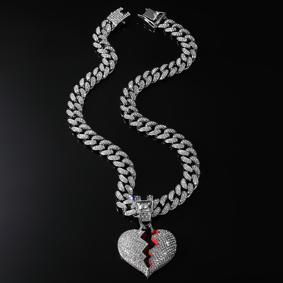 Hip-Hop Broken Red Heart Cuban Chain Pendant Necklace