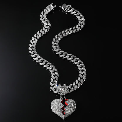 Hip-Hop Broken Red Heart Cuban Chain Pendant Necklace