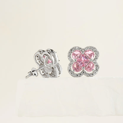 Women's Clover Halo Stud Earrings, Heart‑Shape Pink Zirconia, S925 with White Gold Plating