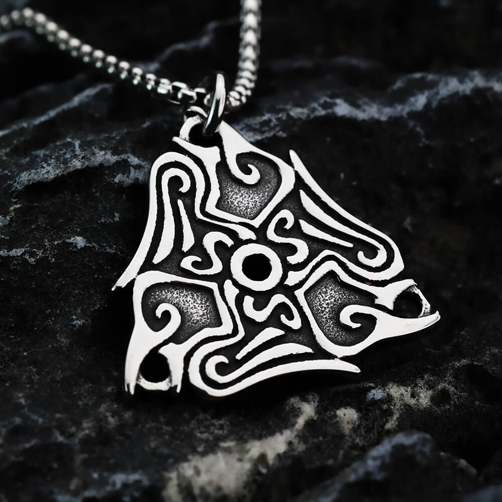 Vintage Antique Oxidized Stainless Steel Men's Norse Viking Swirl Pattern Triangle Hollow Totem Pendant Necklace