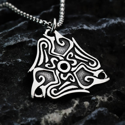 Vintage Antique Oxidized Stainless Steel Men's Norse Viking Swirl Pattern Triangle Hollow Totem Pendant Necklace