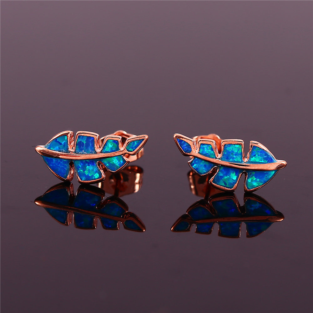 Women's Feather Shape Stud Earrings Inlaid With Blue Opal, with Rose Gold Plating