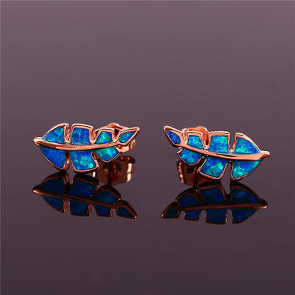 Women's Feather Shape Stud Earrings Inlaid With Blue Opal, with Rose Gold Plating