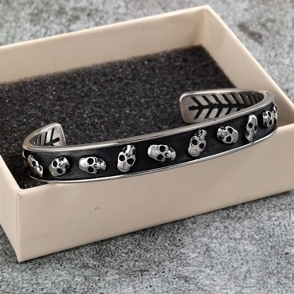 Vintage Punk Skull Stainless Steel Cuff Bracelet for Men, Biker Motorcycle Style Open C Bangle