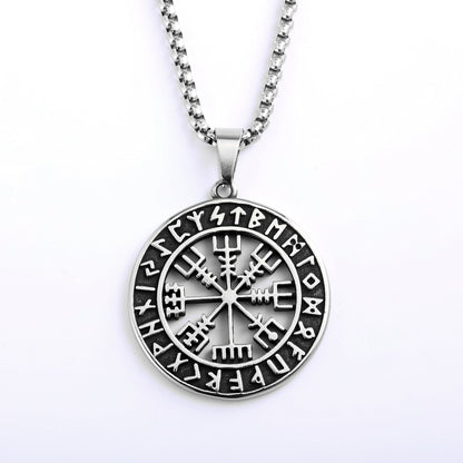 Vintage Stainless Steel Men's Viking Compass Double Sided Pendant Necklace