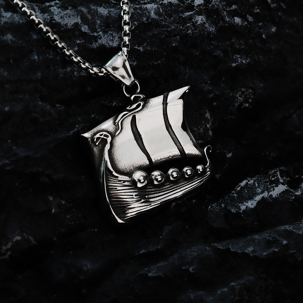 Vintage Stainless Steel Viking Longship Pendant Necklace for Men