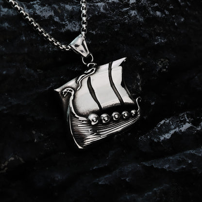 Vintage Stainless Steel Viking Longship Pendant Necklace for Men