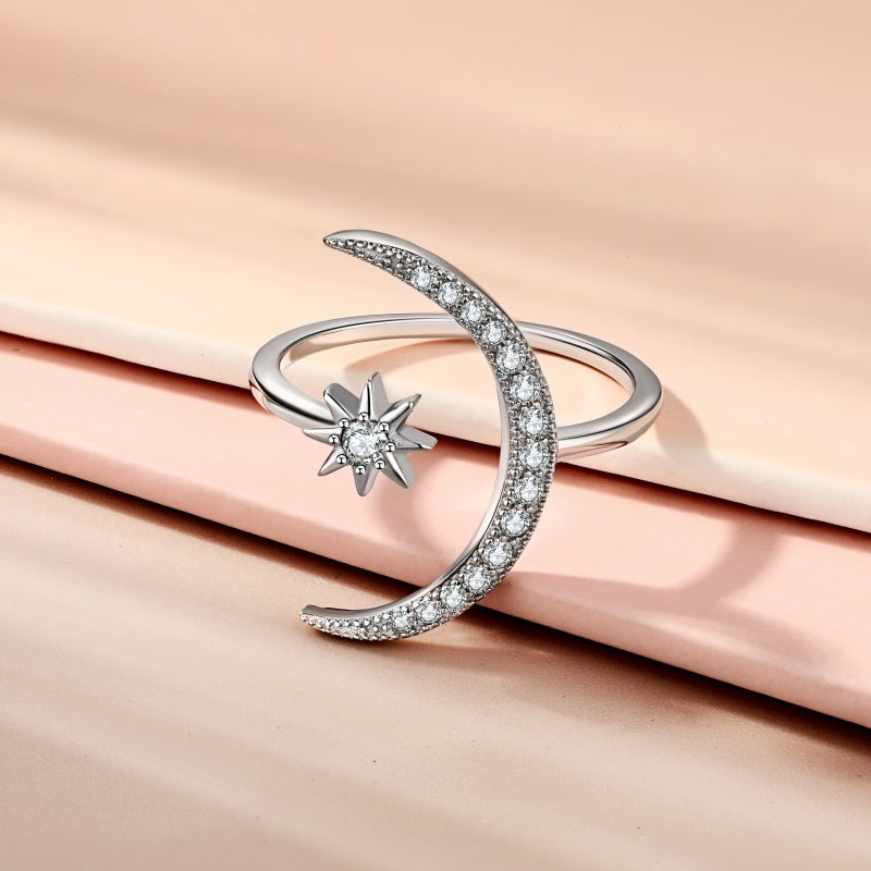 Women's S925 Moon And Star Thin Stackable Adjustable Ring