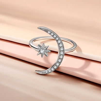 Women's S925 Moon And Star Thin Stackable Adjustable Ring