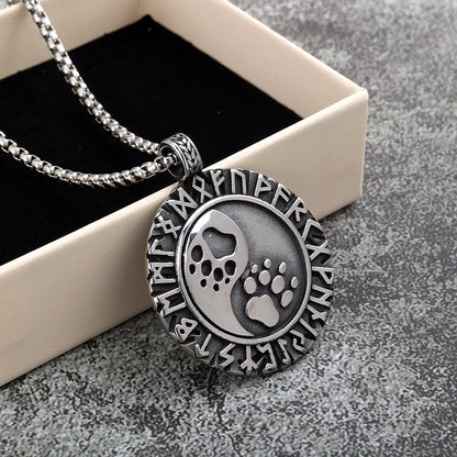 Vintage Stainless Steel Double Sided Viking Rune Bear Paw Print Pendant Necklace for Men