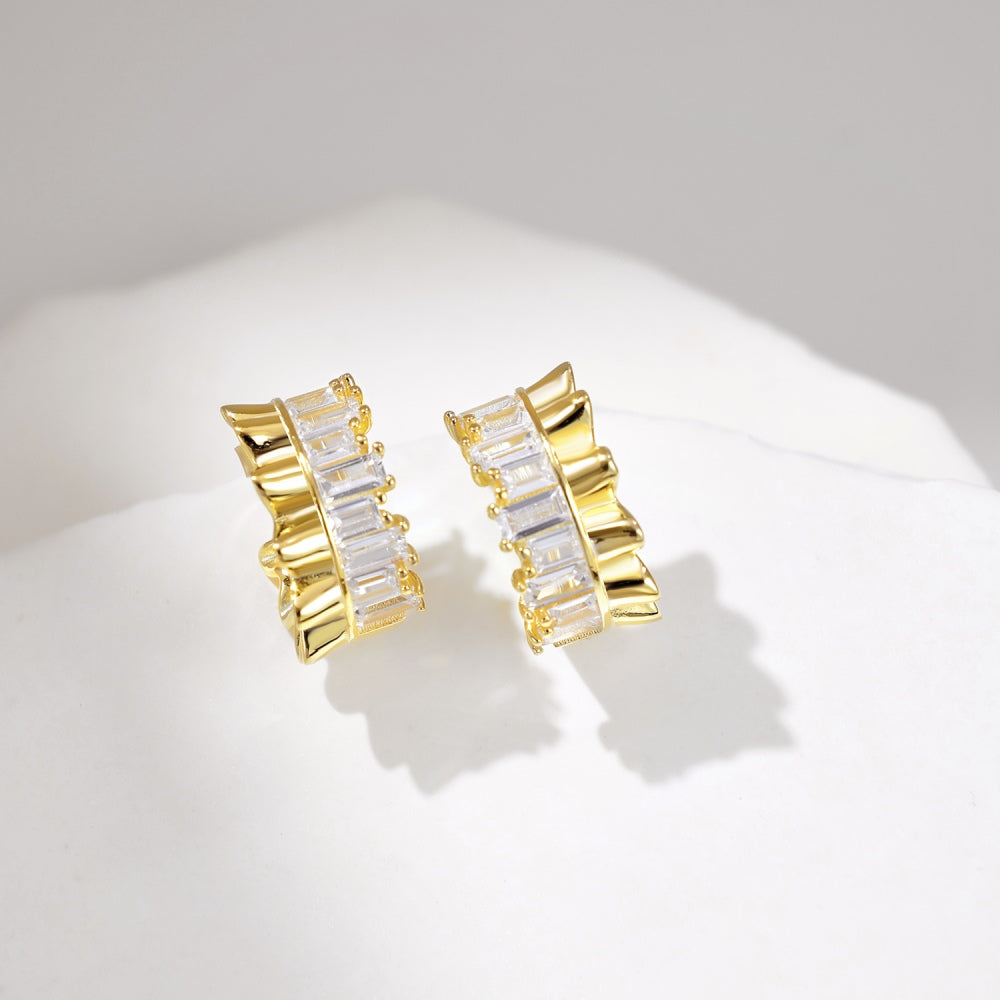 Women's Wave C‑Shape Hoop Earrings, Baguette White Zirconia Paved, S925 with Gold Plating
