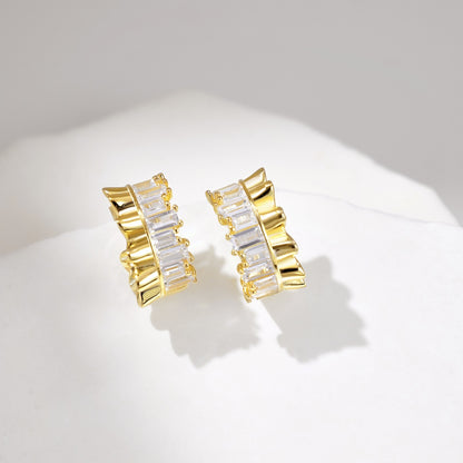 Women's Wave C‑Shape Hoop Earrings, Baguette White Zirconia Paved, S925 with Gold Plating