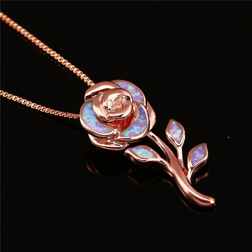 Fashion Rose Gold Purple Opal Large Rose Flower Pendant Necklace