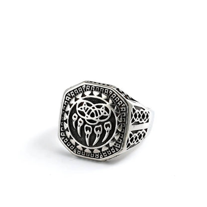 Vintage Solid Stainless Steel Engraved Viking Hollow Bear Claw Octagon Signet Ring for Men