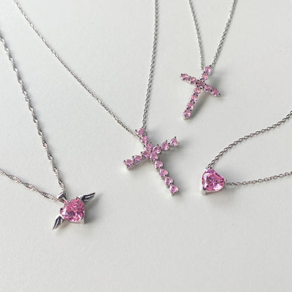 S925  Necklace, Minimalist Cross with White Heart & Pink Heart Zircon