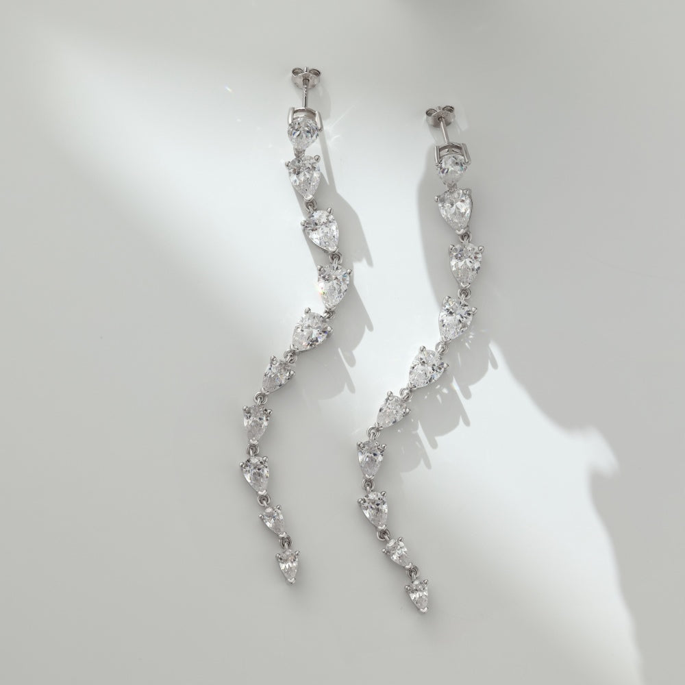 Women's Long Tassel Drop Earrings, Graduated Pear‑Shape Zirconia, S925 with White Gold Plating