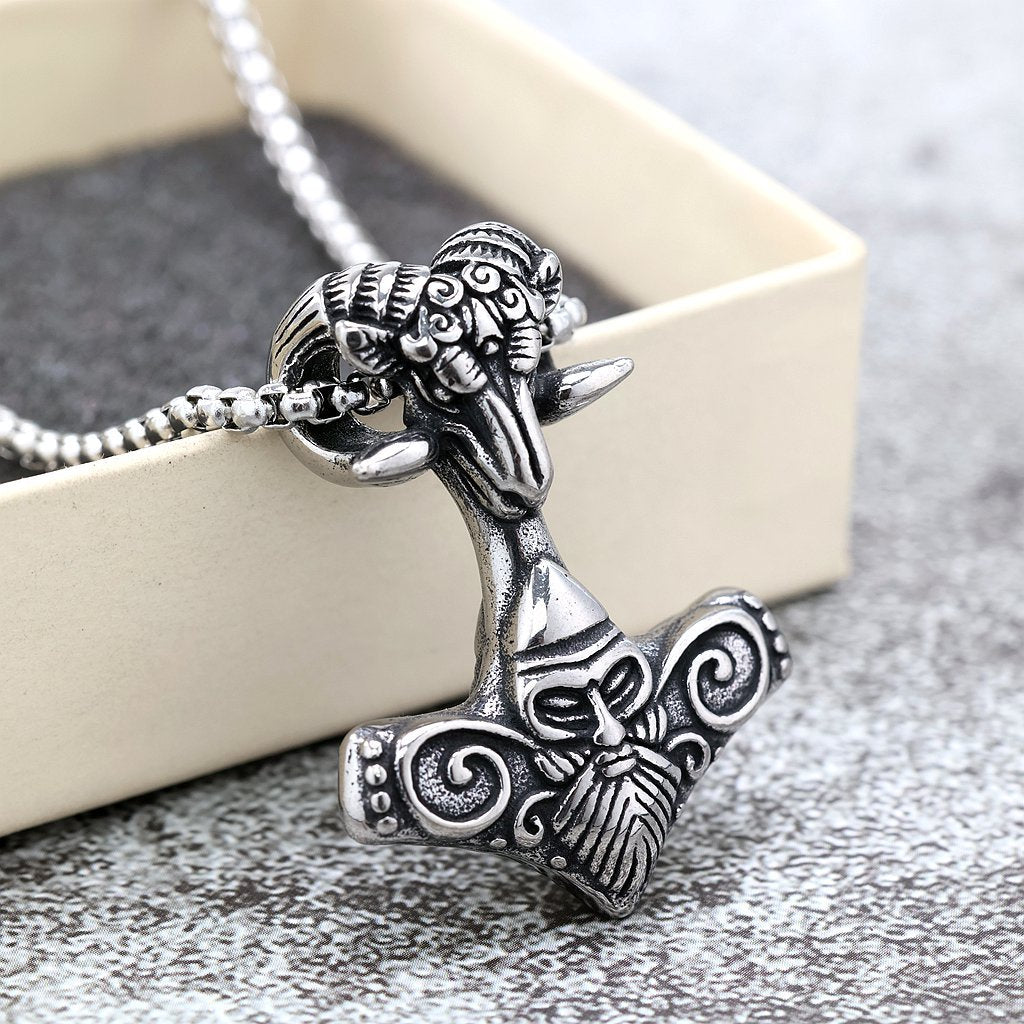 Vintage Stainless Steel Viking Pattern Goat Head Hammer Pendant Necklace for Men