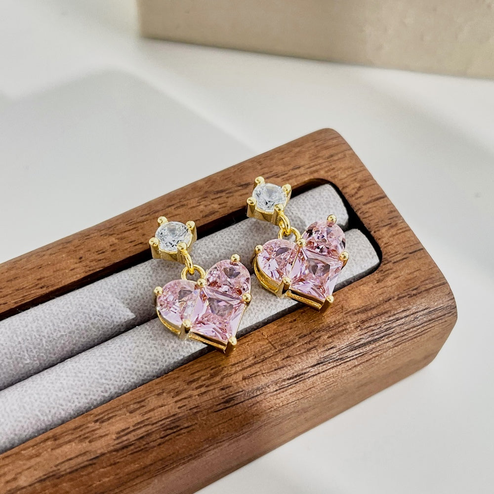 Women's Dangle Earrings, Pink Heart‑Shape Zirconia with Round Zirconia Accent, S925 with 18K Gold Plating