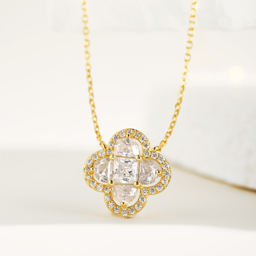 Women's Clover Pendant Necklace, Heart Shape Zirconia Accent, S925 with Gold Plating