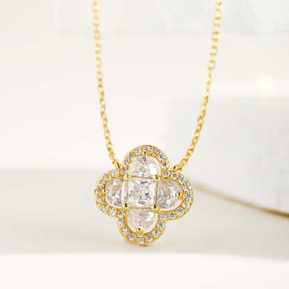 Women's Clover Pendant Necklace, Heart Shape Zirconia Accent, S925 with Gold Plating