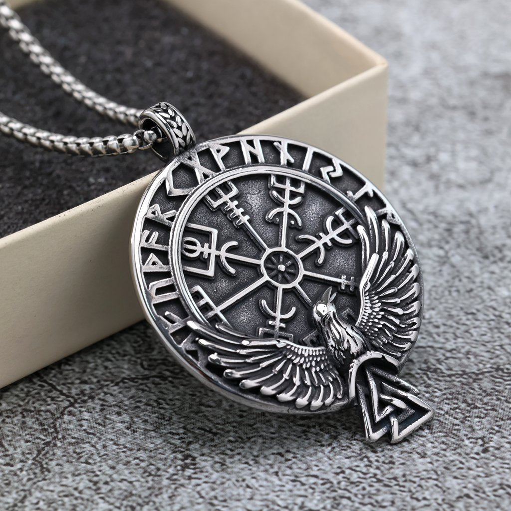 Men's Steel Viking Raven Rune Compass Round Tag Pendant Necklace