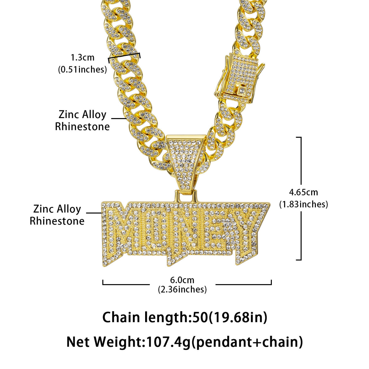 Hip-Hop Zircon-Encrusted Letters MONEY Cuban Chain Pendant Necklace