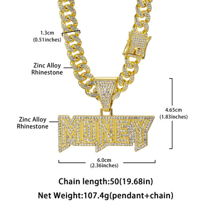 Hip-Hop Zircon-Encrusted Letters MONEY Cuban Chain Pendant Necklace