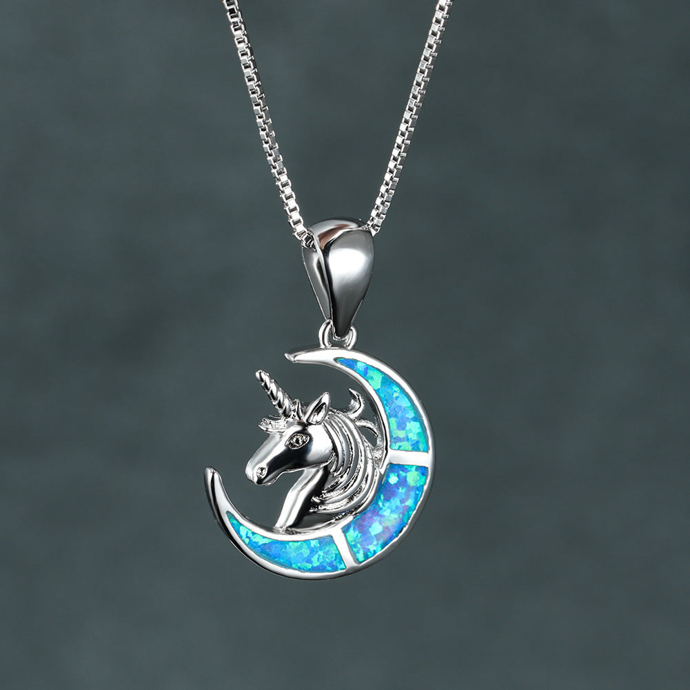 Ins Opal Unicorn Crescent Moon Necklace