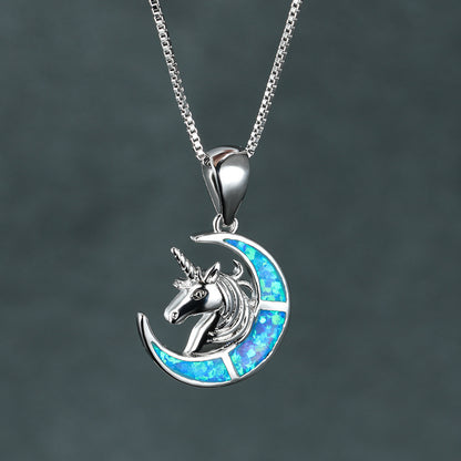 Ins Opal Unicorn Crescent Moon Necklace