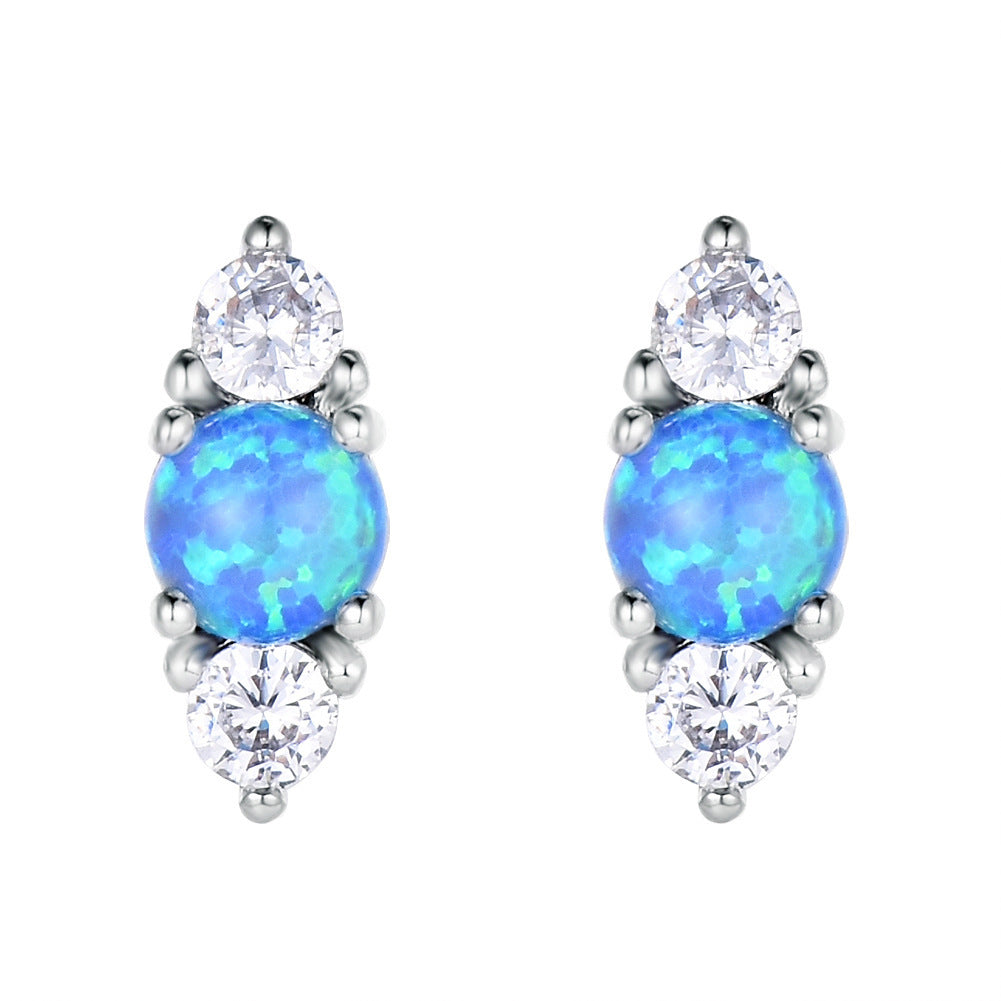 Women's Three‑Stone Stud Earrings With Round Opal & Round Zirconia, with White Gold / Rose Gold Plating