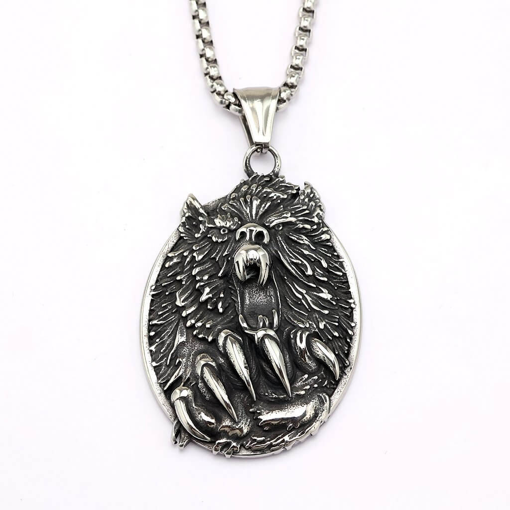 Men's Steel Bear Head & Claw Round Pendant Necklace