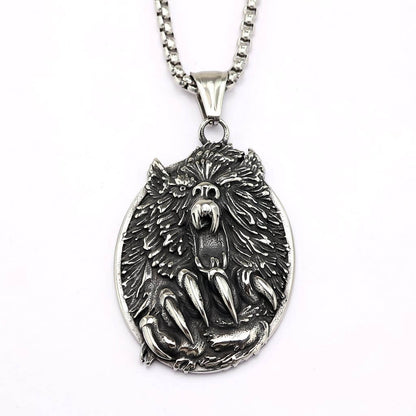 Men's Steel Bear Head & Claw Round Pendant Necklace