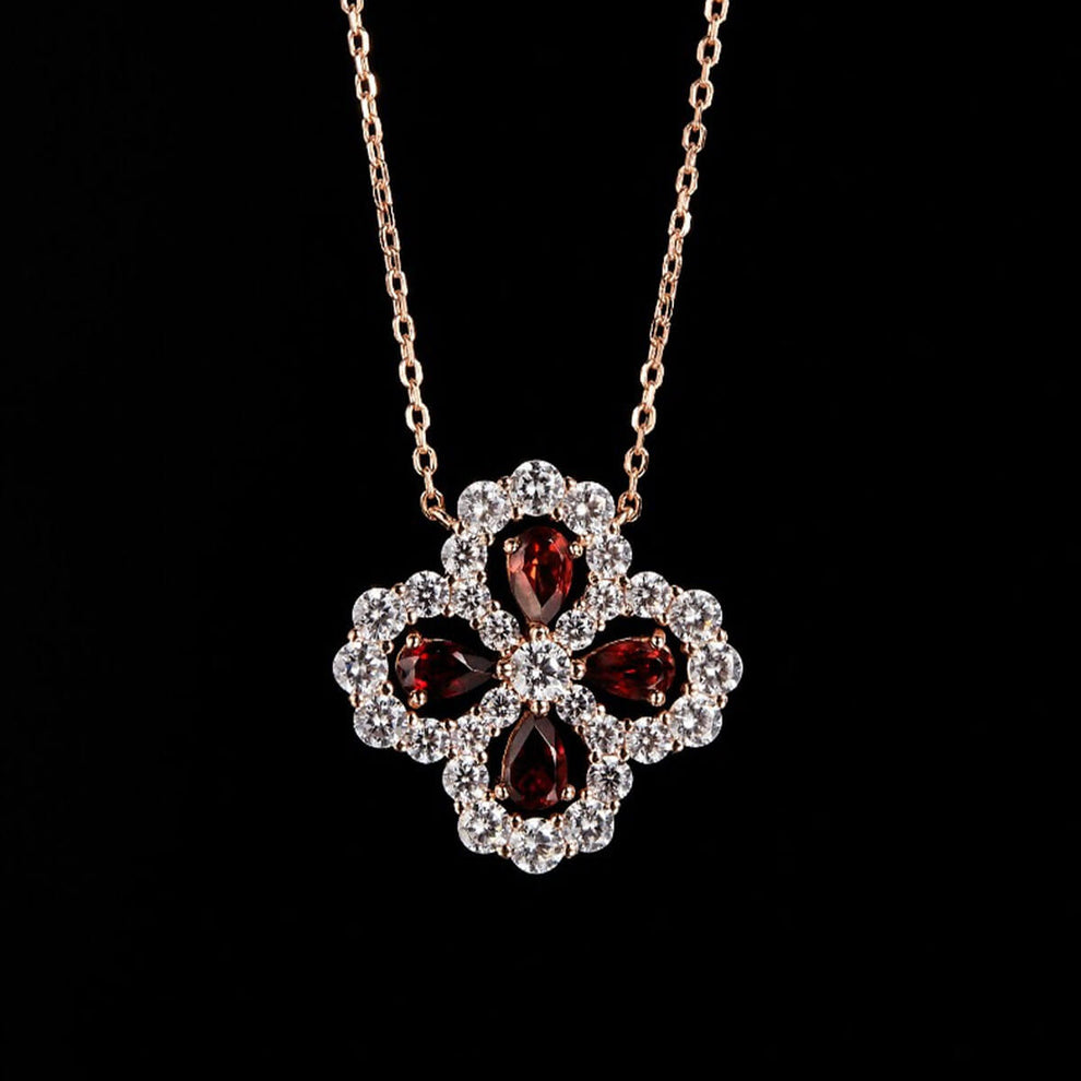Women's Sterling Silver Hollow Four-leaf Clover Ruby Sapphire Pendant
