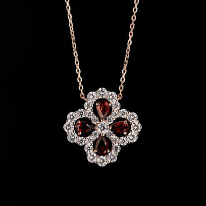 Women's Sterling Silver Hollow Four-leaf Clover Ruby Sapphire Pendant