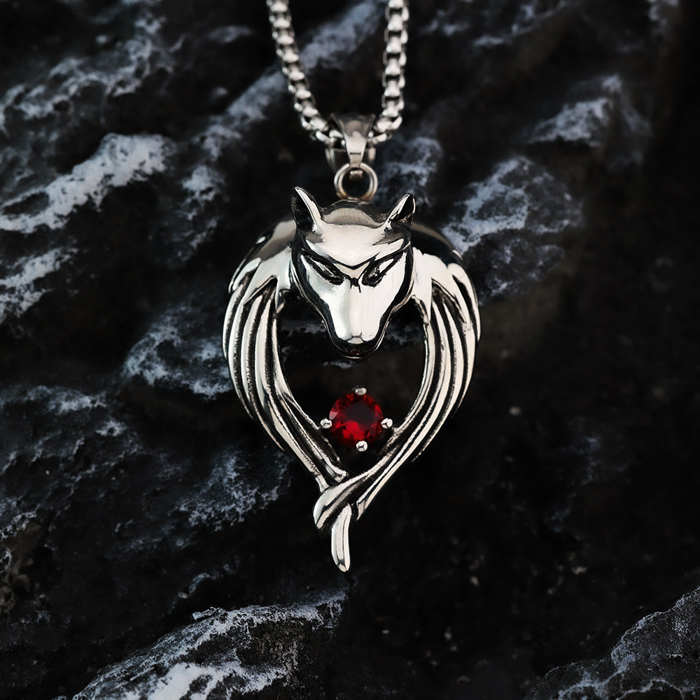 Vintage Stainless Steel Men's Wolf Head Pendant Necklace Inlaid Red Zircon