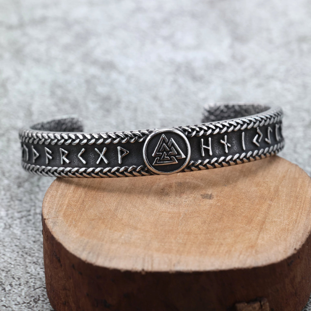 Vintage Viking Symbols Solid Stainless Steel Open C Bracelet for Men, European Retro Cuff Bangle