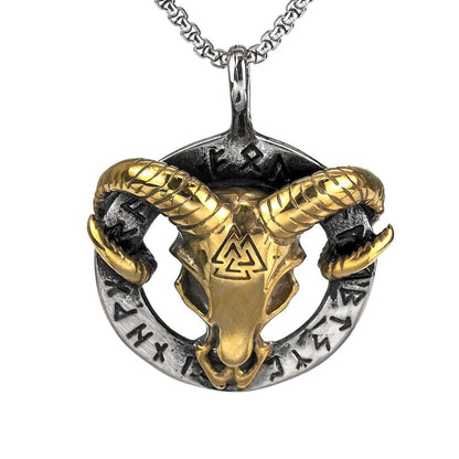 Vintage Stainless Steel Viking Rune Ram Skull Pendant Necklace for Men