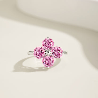 Women's S925 Silver White Gold Tone Ring, Pink Round Zircon Inlaid Four-Leaf Clover Eight-Pointed Star Ladies Fashion Ring