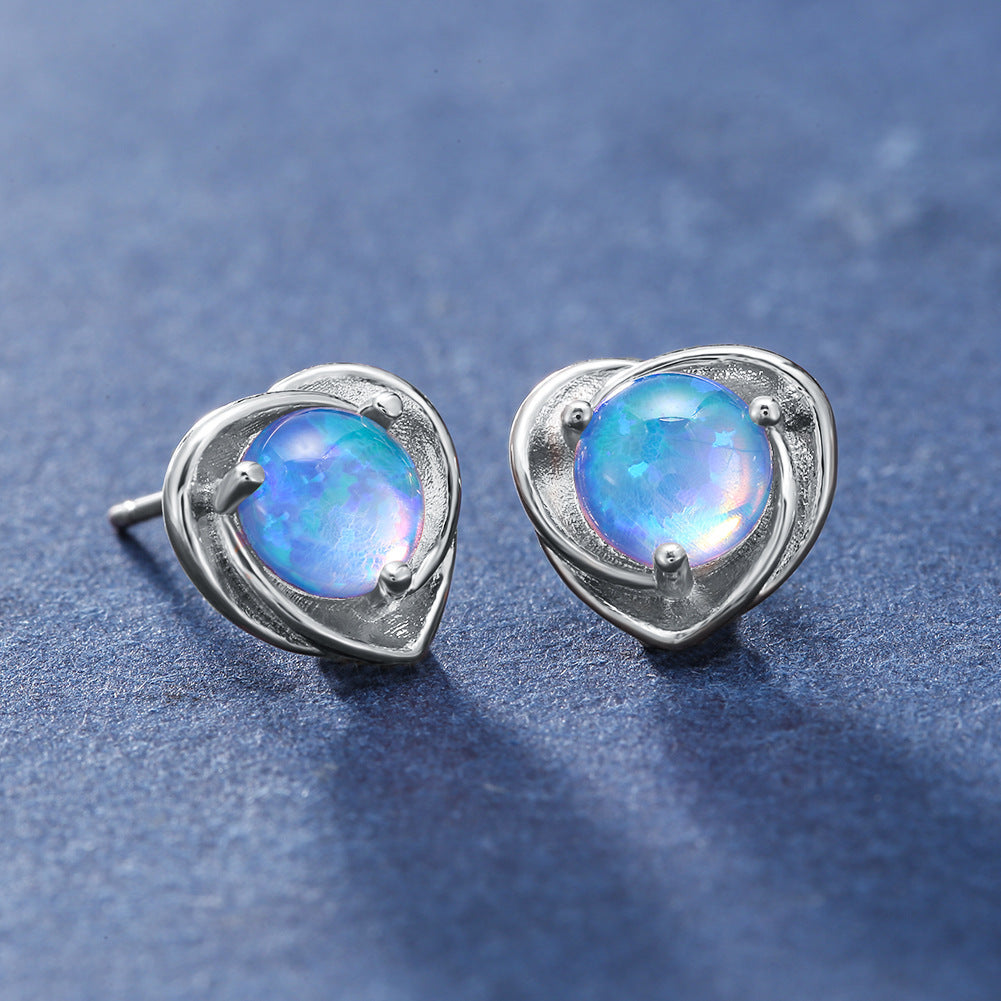 Women's Twisted Heart Shape Blue & White Opal Stud Earrings, White Gold Plating & Rose Gold Plating