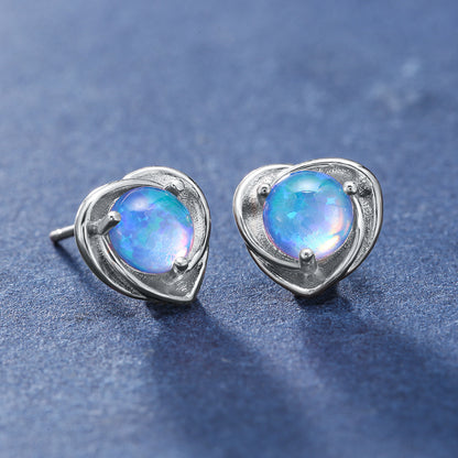 Women's Twisted Heart Shape Blue & White Opal Stud Earrings, White Gold Plating & Rose Gold Plating