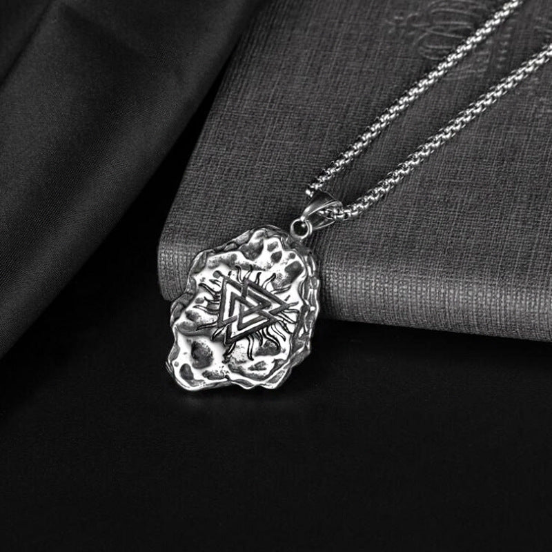 Men's Steel Irregular Meteorite Surface Nordic Viking Rune Pendant Necklace