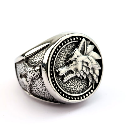 Vintage Solid Stainless Steel Viking Odin Wolf Head Round Ring for Men
