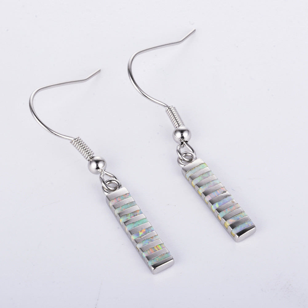 Women's Vertical Bar Inlaid Opal Dangle Hook Earrings, with White Gold Plating