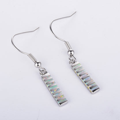 Women's Vertical Bar Inlaid Opal Dangle Hook Earrings, with White Gold Plating