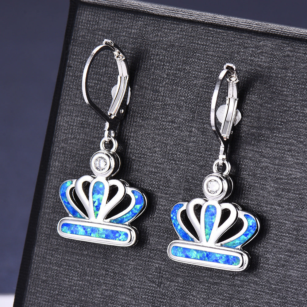 Women's Crown Blue Opal Zircon Dangle Earrings, Rose Gold Plating/White Gold Plating