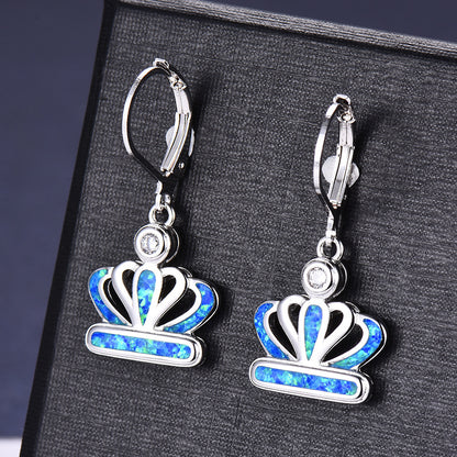 Women's Crown Blue Opal Zircon Dangle Earrings, Rose Gold Plating/White Gold Plating