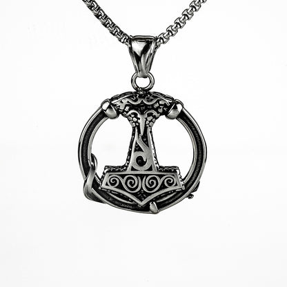 Vintage Stainless Steel Viking Thor's Hammer Round Pendant Necklace for Men